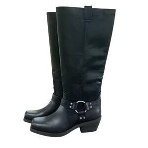 Black Faux Leather Moto Biker Style tall Fashion motorcycle boots size 6.5 New